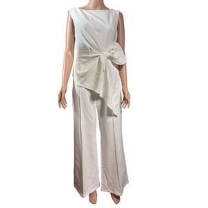 Fehaute Womens Jumpsuit S White Poly Solid Sleeveless Wide Leg Bow Front Modern